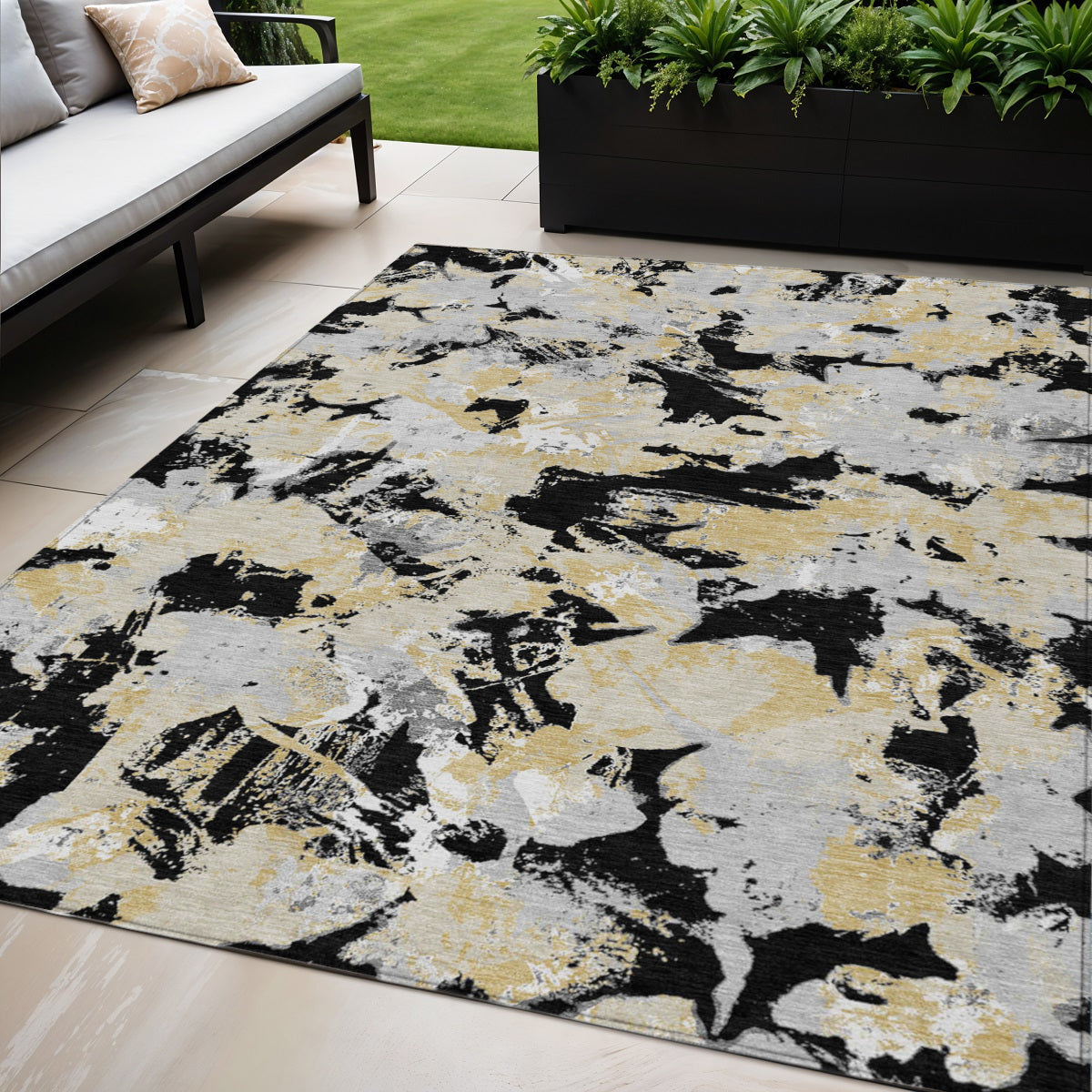5' X 8' Black Gray And Light Brown Floral Washable Indoor Outdoor Area Rug