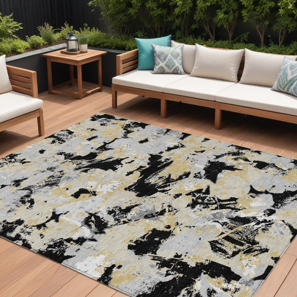 9' X 12' Black Gray And Light Brown Floral Washable Indoor Outdoor Area Rug