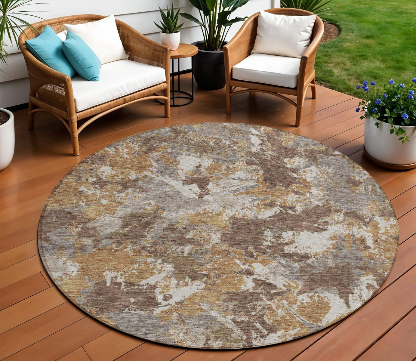 8' Brown Beige And Gray Round Floral Washable Indoor Outdoor Area Rug