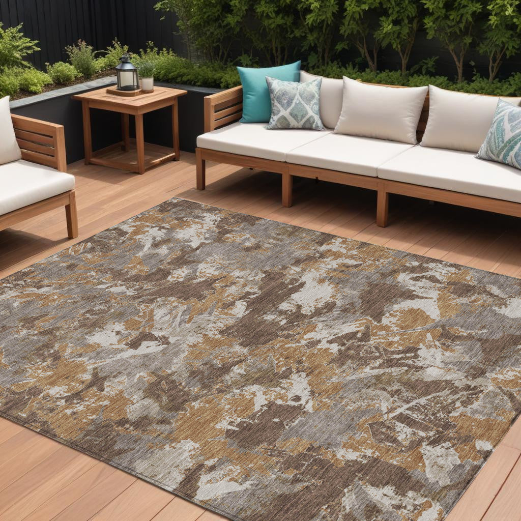 9' X 12' Brown Beige And Gray Floral Washable Indoor Outdoor Area Rug