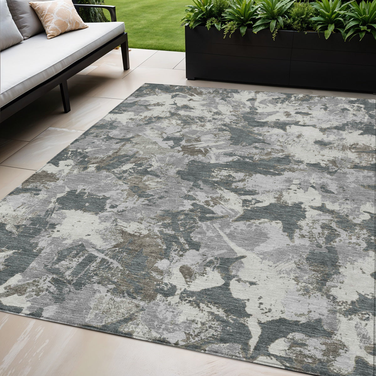 5' X 8' Charcoal Ivory And Gray Floral Washable Indoor Outdoor Area Rug