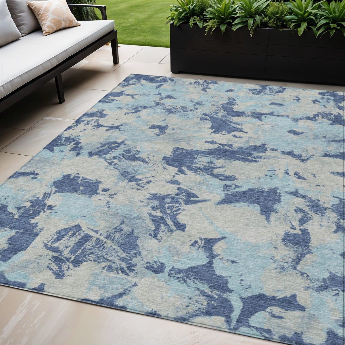 5' X 8' Navy Blue Gray And Aqua Floral Washable Indoor Outdoor Area Rug
