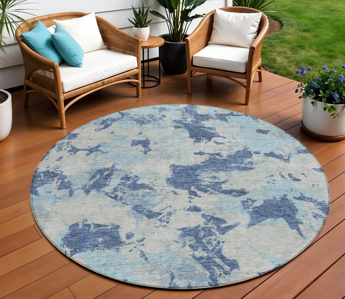 8' Navy Blue Gray And Aqua Round Floral Washable Indoor Outdoor Area Rug