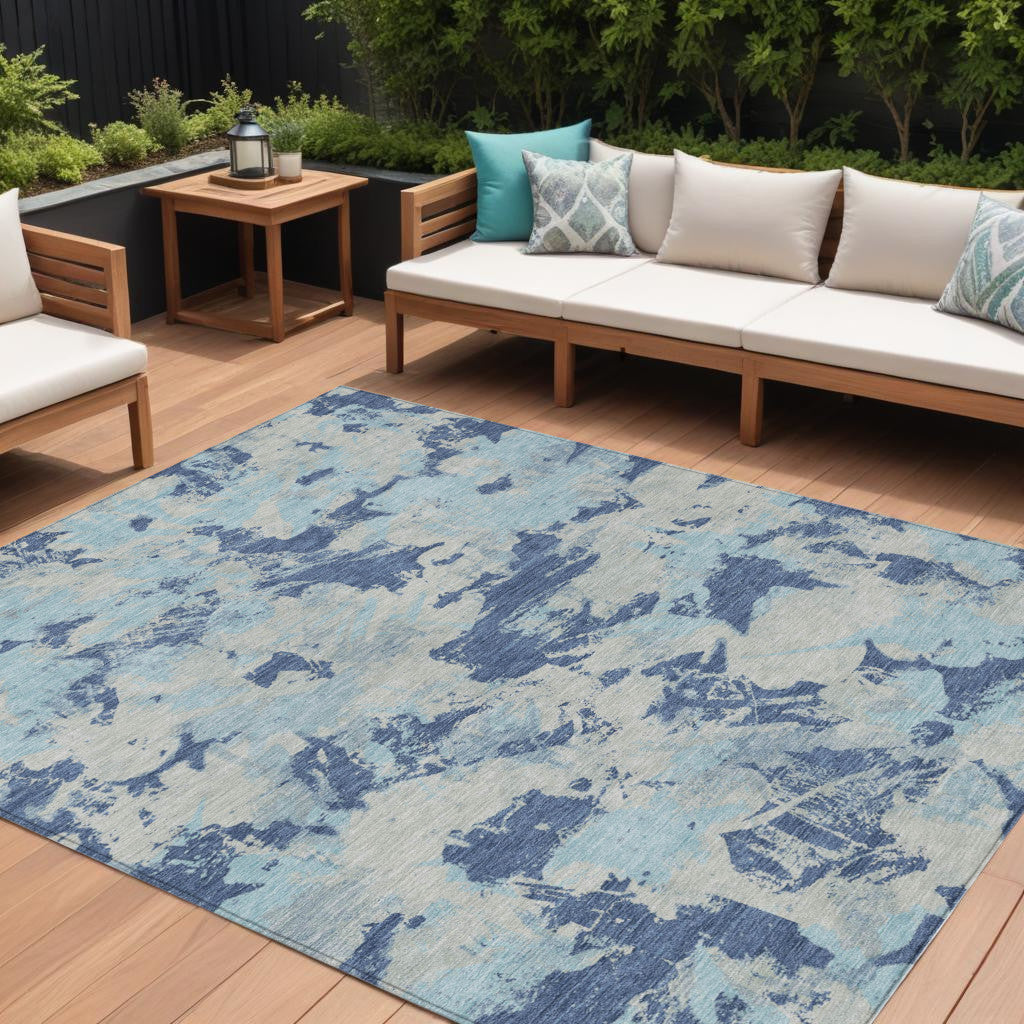 9' X 12' Navy Blue Gray And Aqua Floral Washable Indoor Outdoor Area Rug