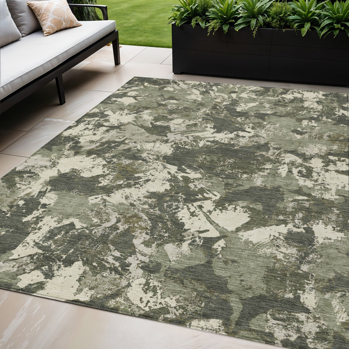 5' X 8' Olive Green And Ivory Floral Washable Indoor Outdoor Area Rug