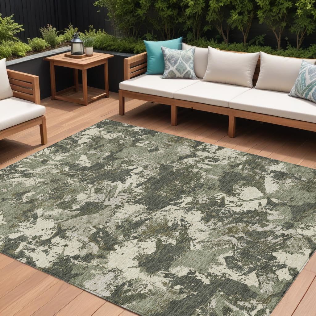 9' X 12' Olive Green And Ivory Floral Washable Indoor Outdoor Area Rug