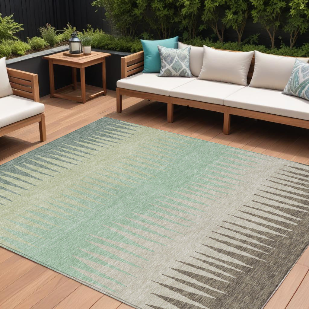 9' X 12' Artichoke Green Beige And Brown Striped Washable Indoor Outdoor Area Rug