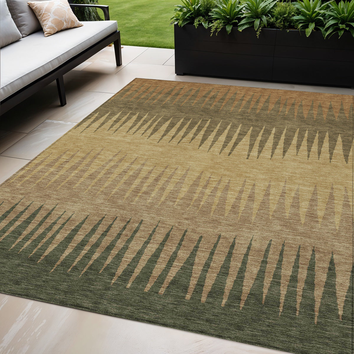 5' X 8' Brown Beige And Green Striped Washable Indoor Outdoor Area Rug