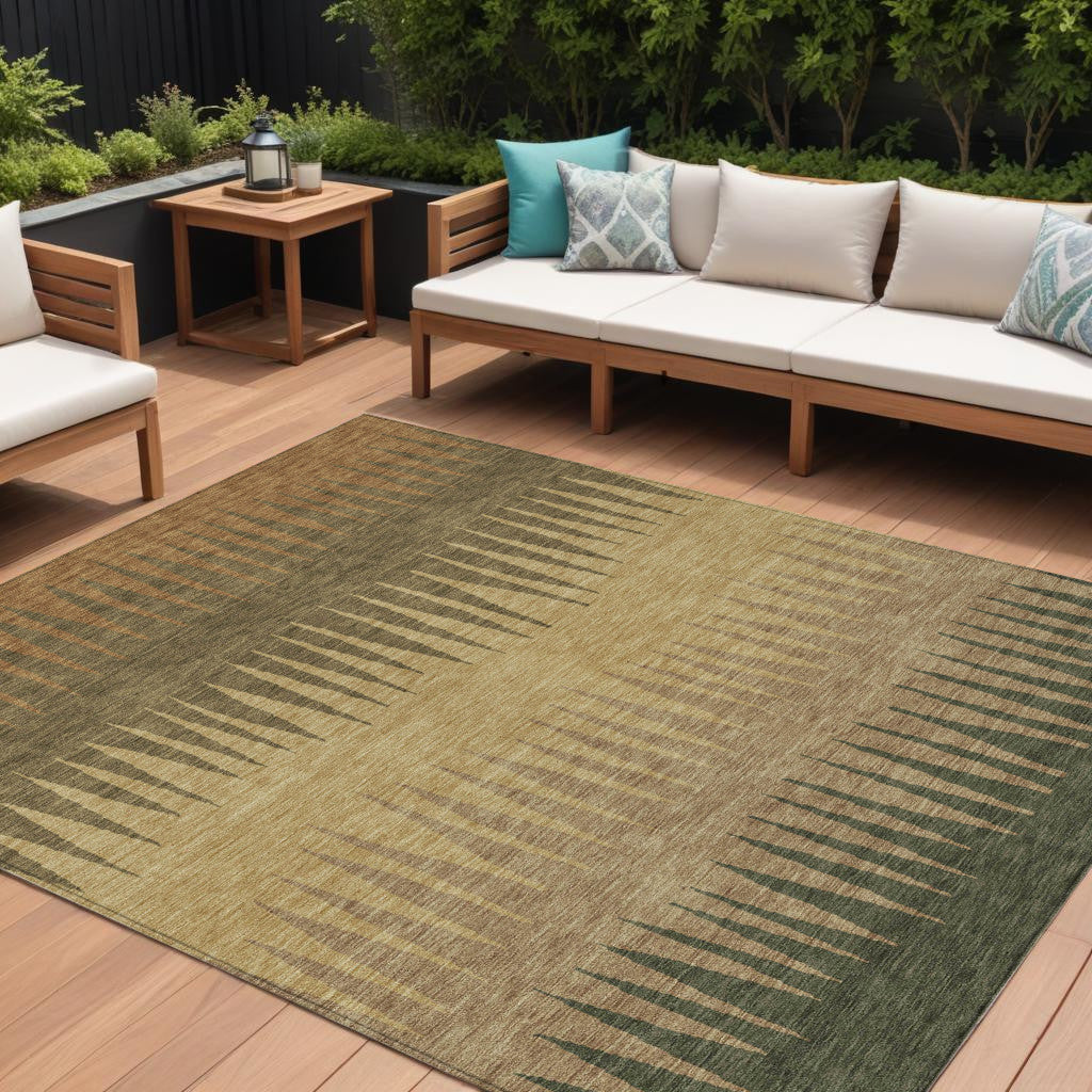 9' X 12' Brown Beige And Green Striped Washable Indoor Outdoor Area Rug