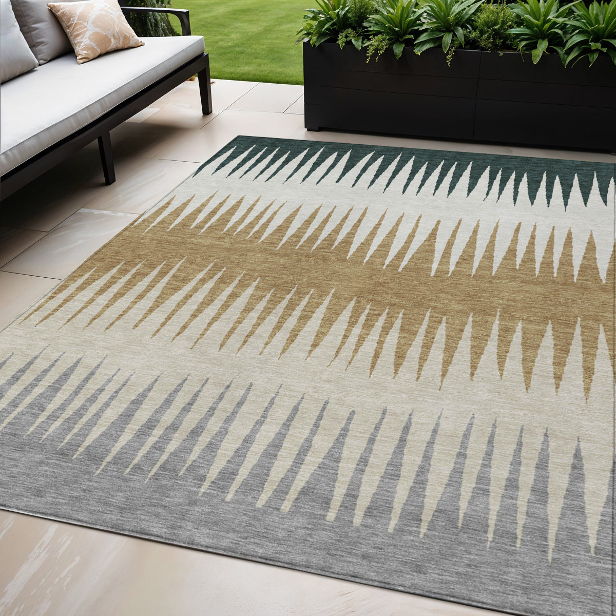 5' X 8' Charcoal Beige And Brown Striped Washable Indoor Outdoor Area Rug