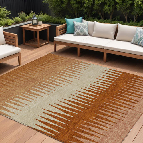 10' X 14' Copper Brown And Beige Striped Washable Indoor Outdoor Area Rug