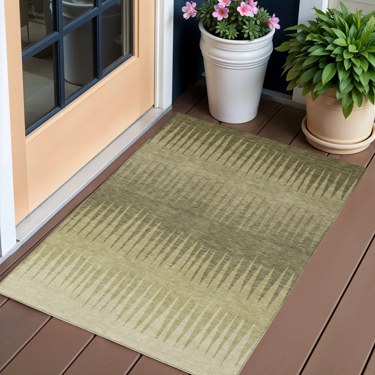 3' X 5' Green And Light Green Striped Washable Indoor Outdoor Area Rug