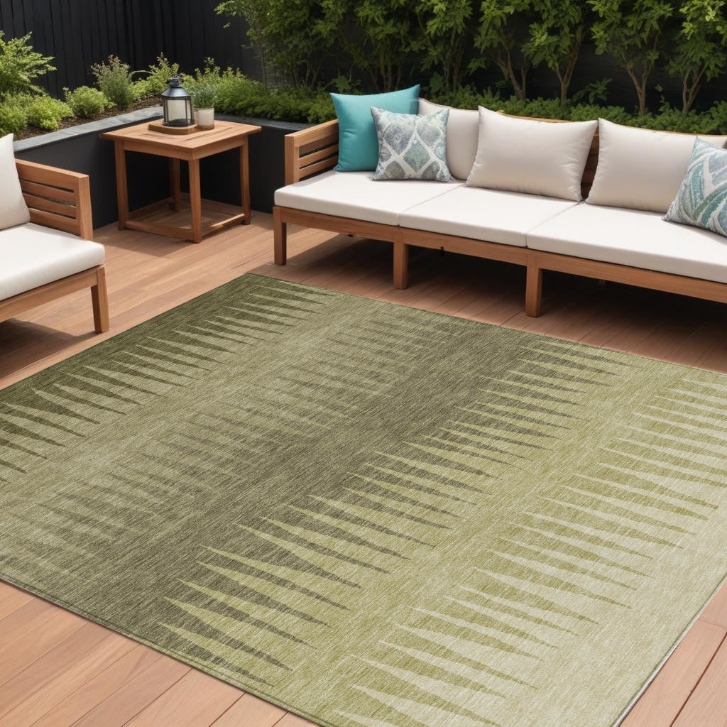 9' X 12' Green And Light Green Striped Washable Indoor Outdoor Area Rug