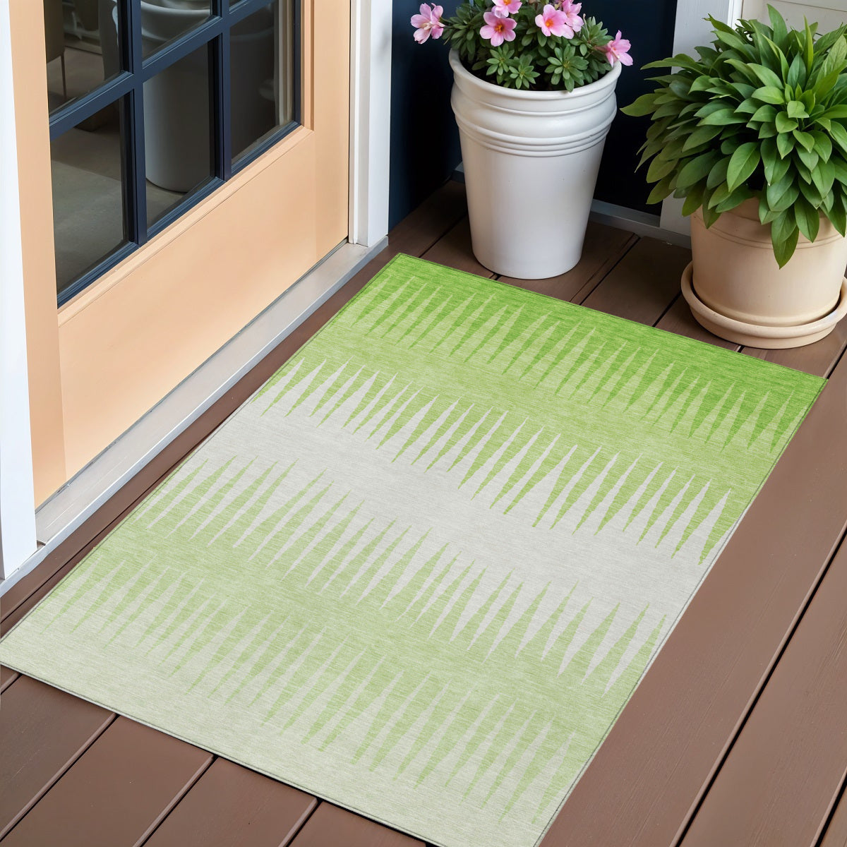 3' X 5' Lime Green And Ivory Striped Washable Indoor Outdoor Area Rug