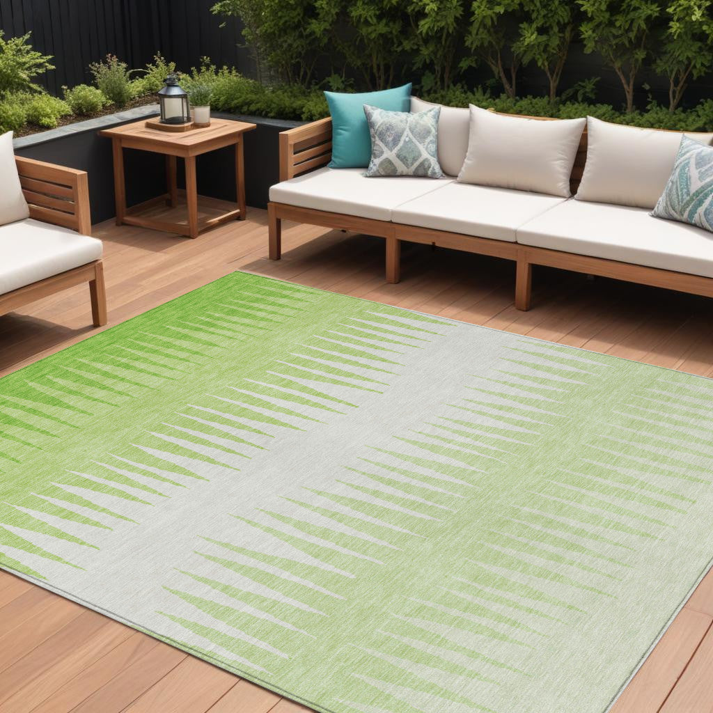9' X 12' Lime Green And Ivory Striped Washable Indoor Outdoor Area Rug