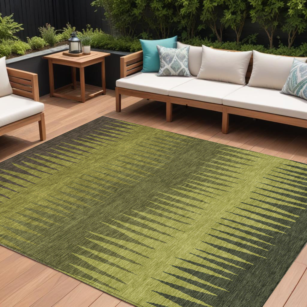 9' X 12' Olive Green Dark Green And Brown Striped Washable Indoor Outdoor Area Rug