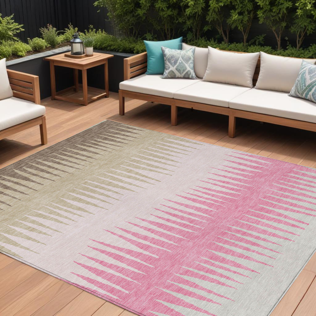 9' X 12' Pink Ivory And Brown Striped Washable Indoor Outdoor Area Rug