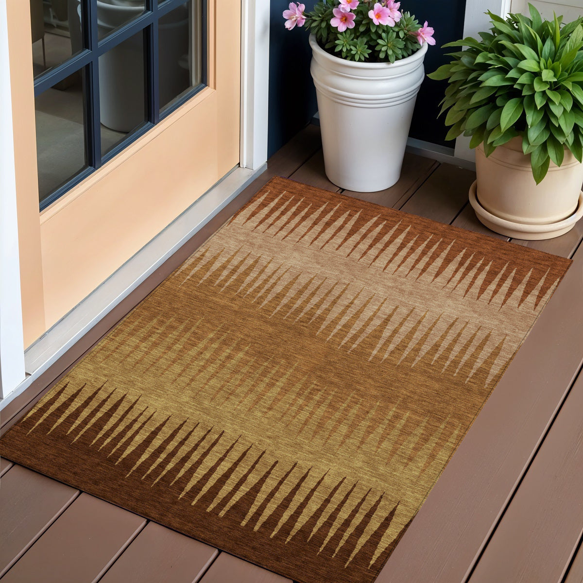 3' X 5' Copper Beige And Brown Striped Washable Indoor Outdoor Area Rug