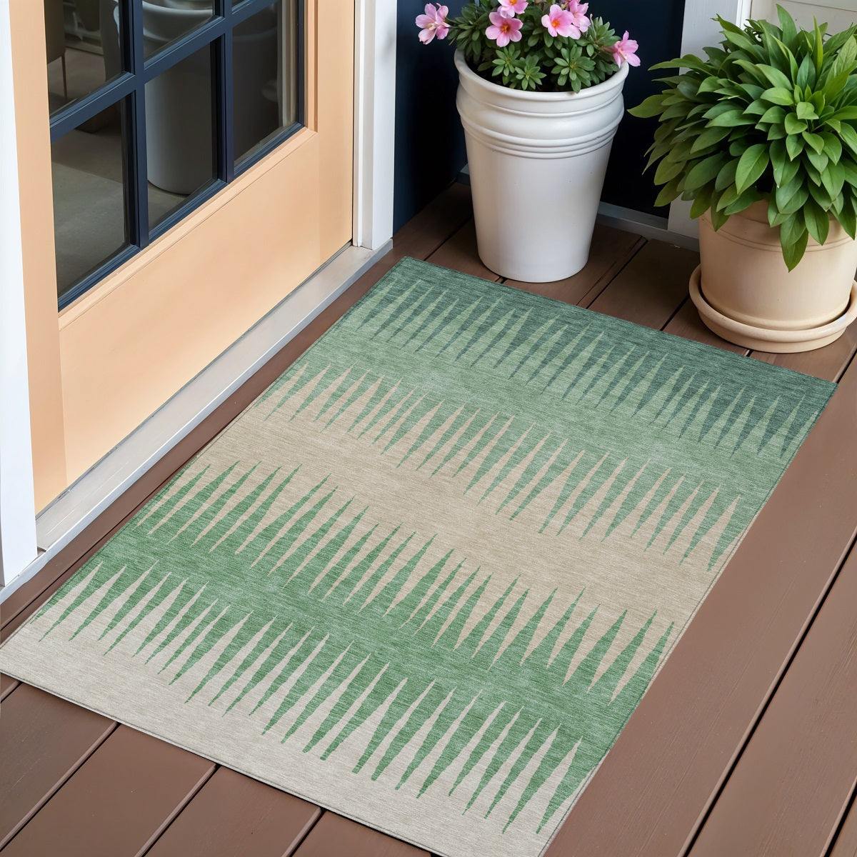 3' X 5' Sage And Gray Striped Washable Indoor Outdoor Area Rug