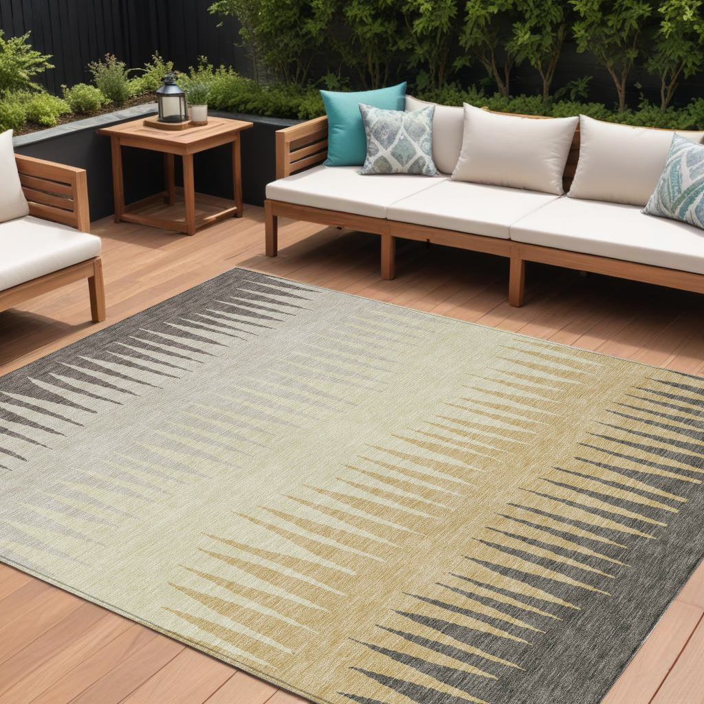 9' X 12' Taupe Beige And Gray Striped Washable Indoor Outdoor Area Rug