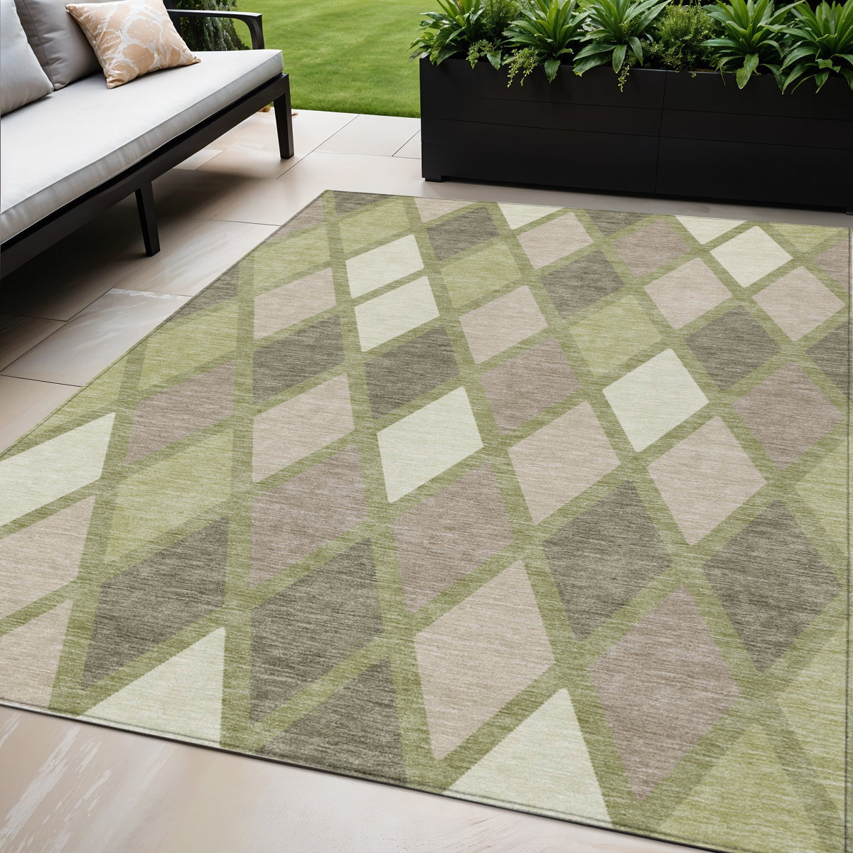 5' X 8' Artichoke Green Beige And Ivory Geometric Washable Indoor Outdoor Area Rug