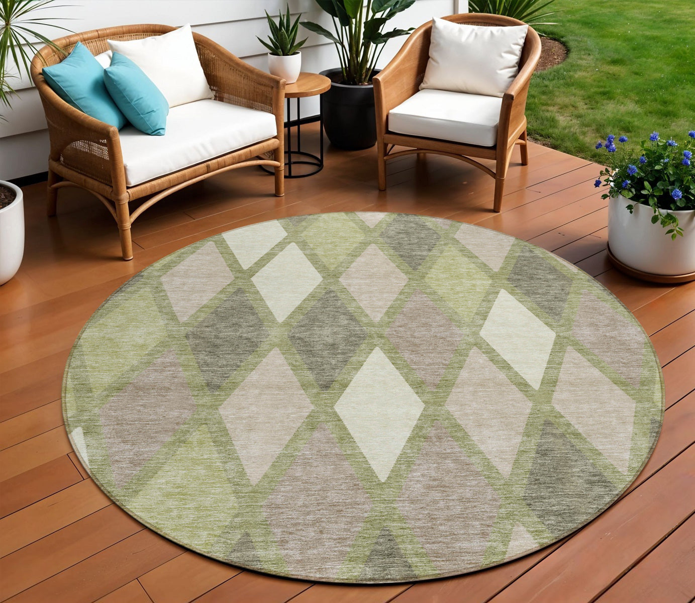 8' Artichoke Green Beige And Ivory Round Geometric Washable Indoor Outdoor Area Rug