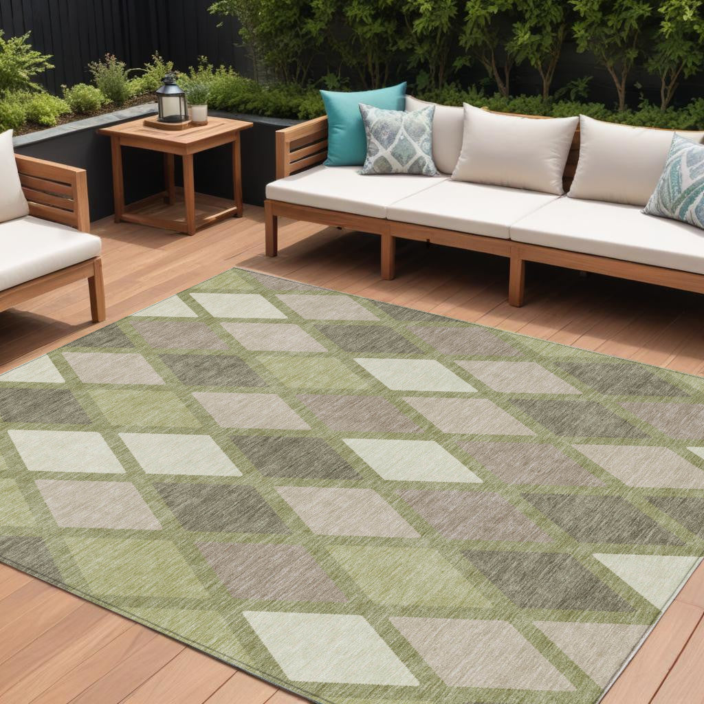 10' X 14' Artichoke Green Beige And Ivory Geometric Washable Indoor Outdoor Area Rug