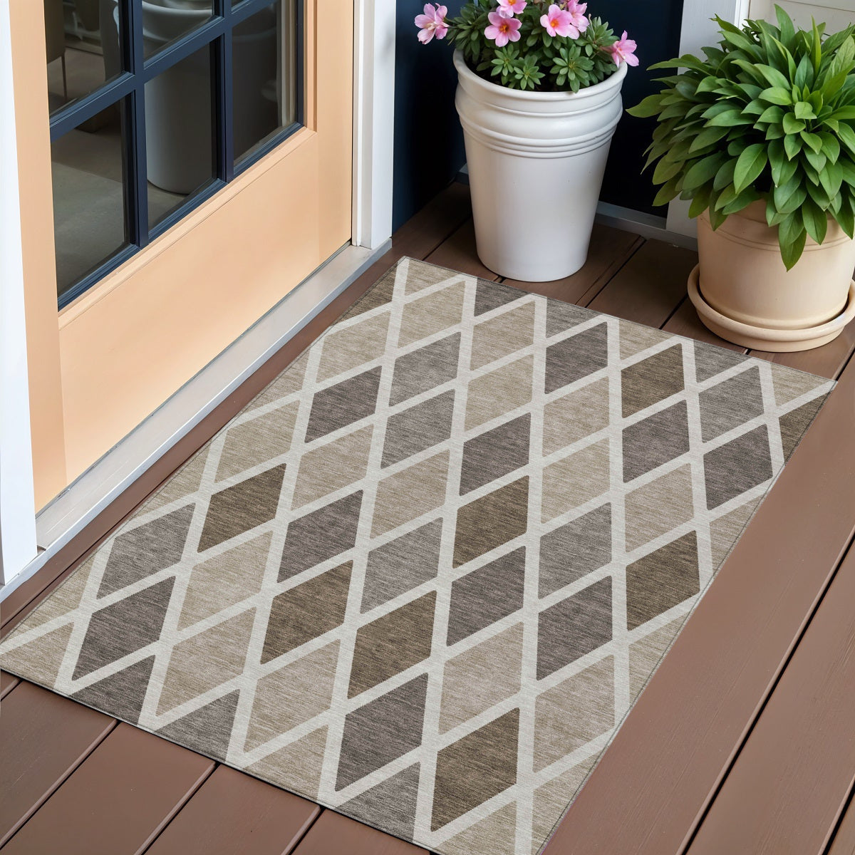 3' X 5' Beige Gray And Brown Geometric Washable Indoor Outdoor Area Rug