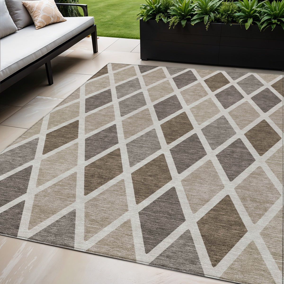 5' X 8' Beige Gray And Brown Geometric Washable Indoor Outdoor Area Rug