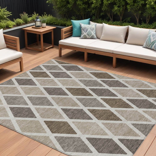 10' X 14' Beige Gray And Brown Geometric Washable Indoor Outdoor Area Rug