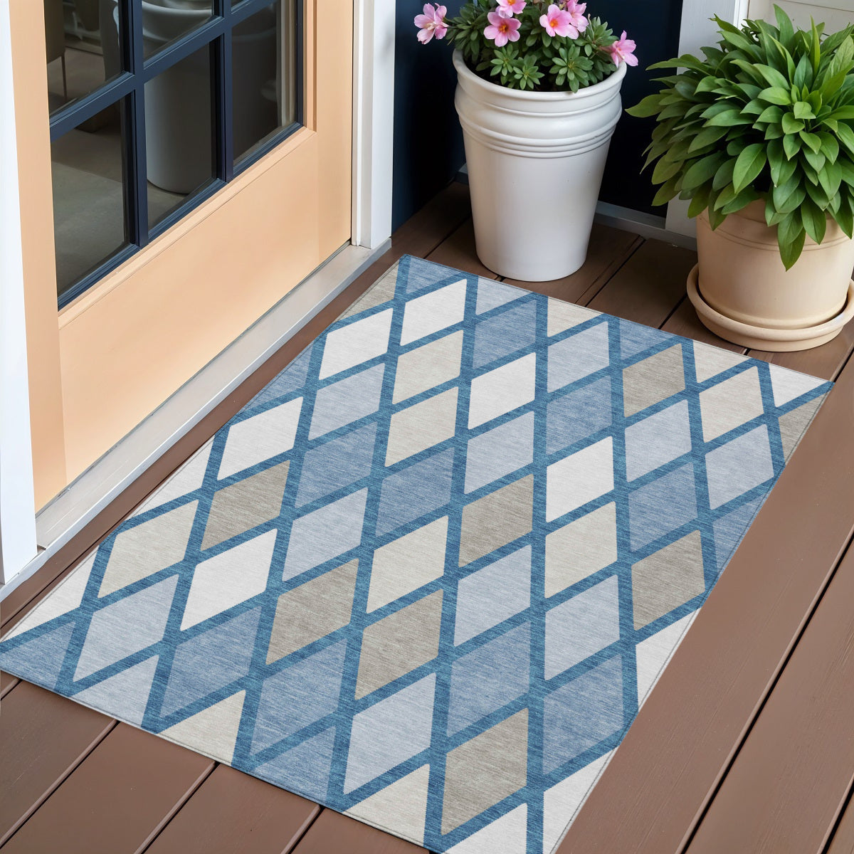 3' X 5' Denim Blue Beige And Ivory Geometric Washable Indoor Outdoor Area Rug