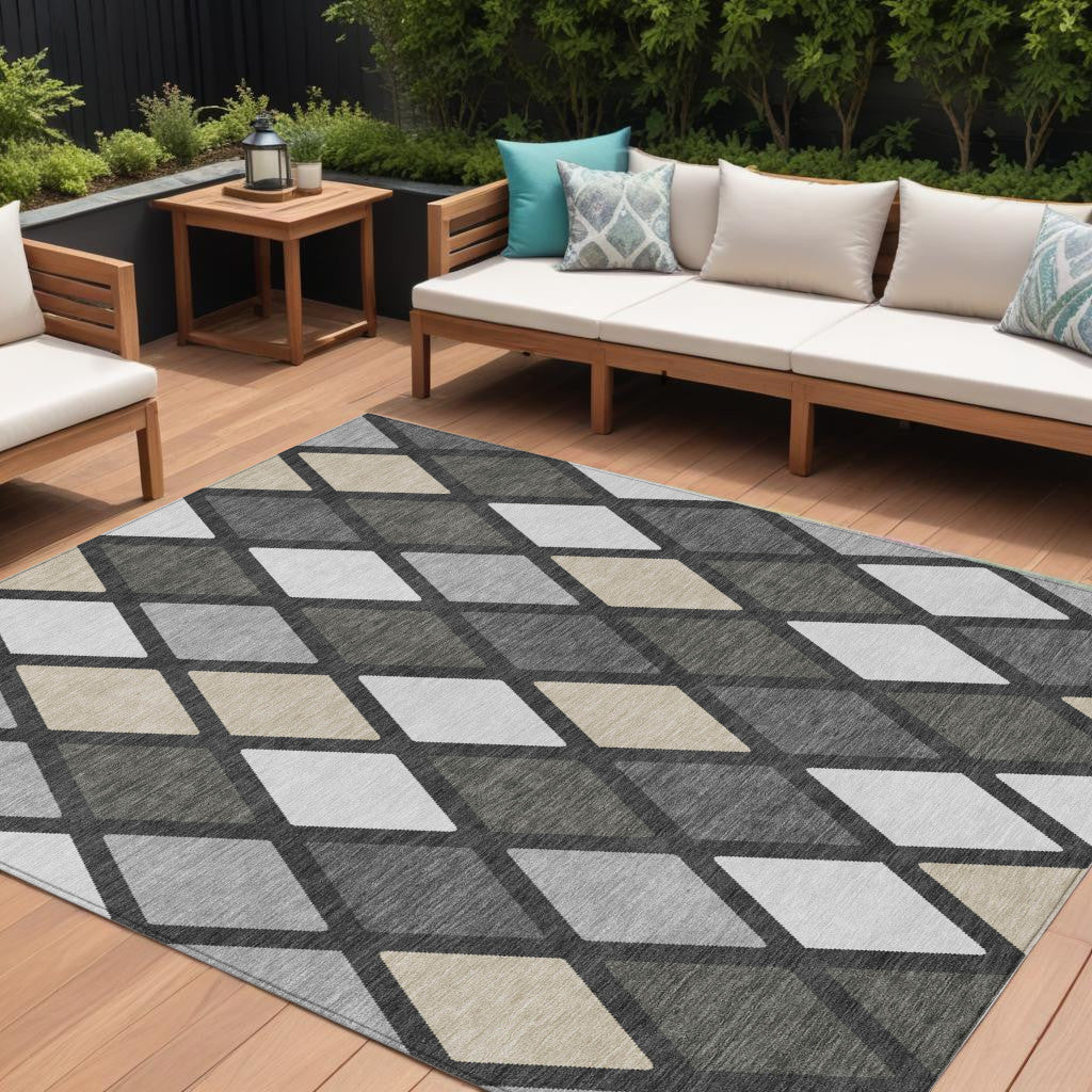 9' X 12' Gray Beige And Ivory Geometric Washable Indoor Outdoor Area Rug