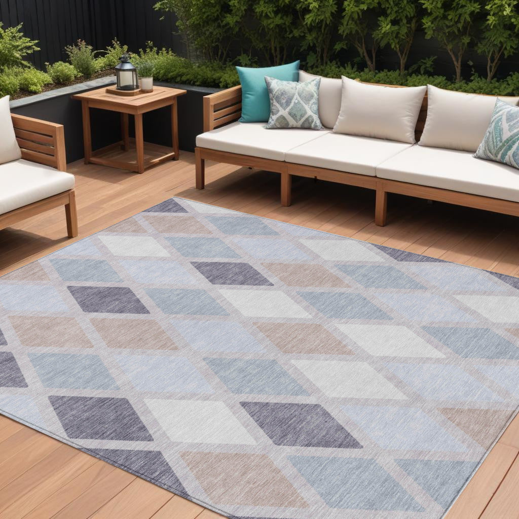 9' X 12' Lavender Brown And Ivory Geometric Washable Indoor Outdoor Area Rug