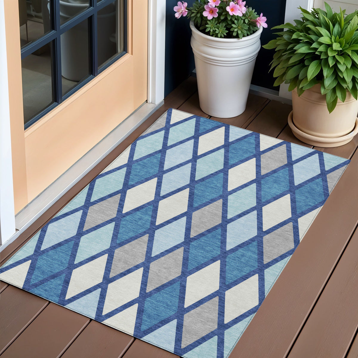 3' X 5' Navy Blue Sky Blue And Ivory Geometric Washable Indoor Outdoor Area Rug