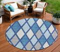 8' Navy Blue Sky Blue And Ivory Round Geometric Washable Indoor Outdoor Area Rug