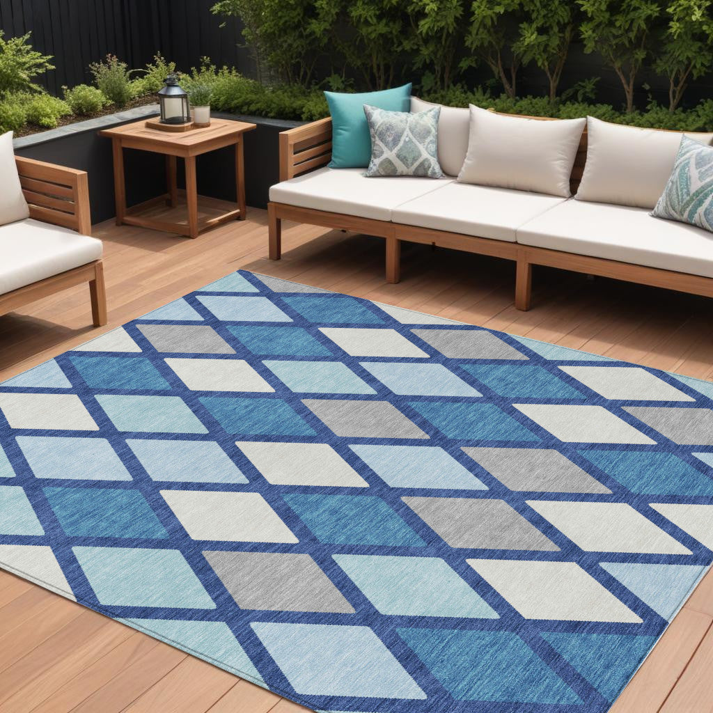 9' X 12' Navy Blue Sky Blue And Ivory Geometric Washable Indoor Outdoor Area Rug