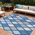 10' X 14' Navy Blue Sky Blue And Ivory Geometric Washable Indoor Outdoor Area Rug