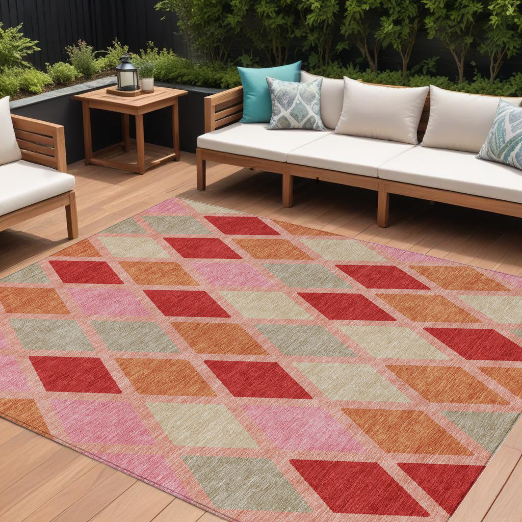 9' X 12' Pink Red And Copper Geometric Washable Indoor Outdoor Area Rug