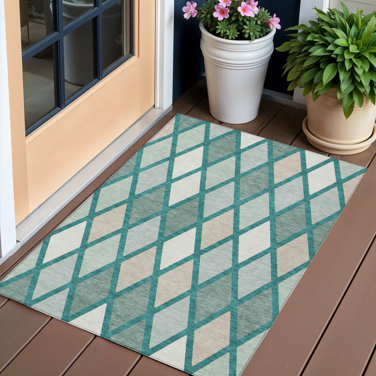 3' X 5' Teal Blue Ivory And Beige Geometric Washable Indoor Outdoor Area Rug