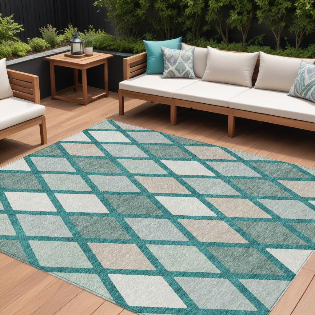 9' X 12' Teal Blue Ivory And Beige Geometric Washable Indoor Outdoor Area Rug