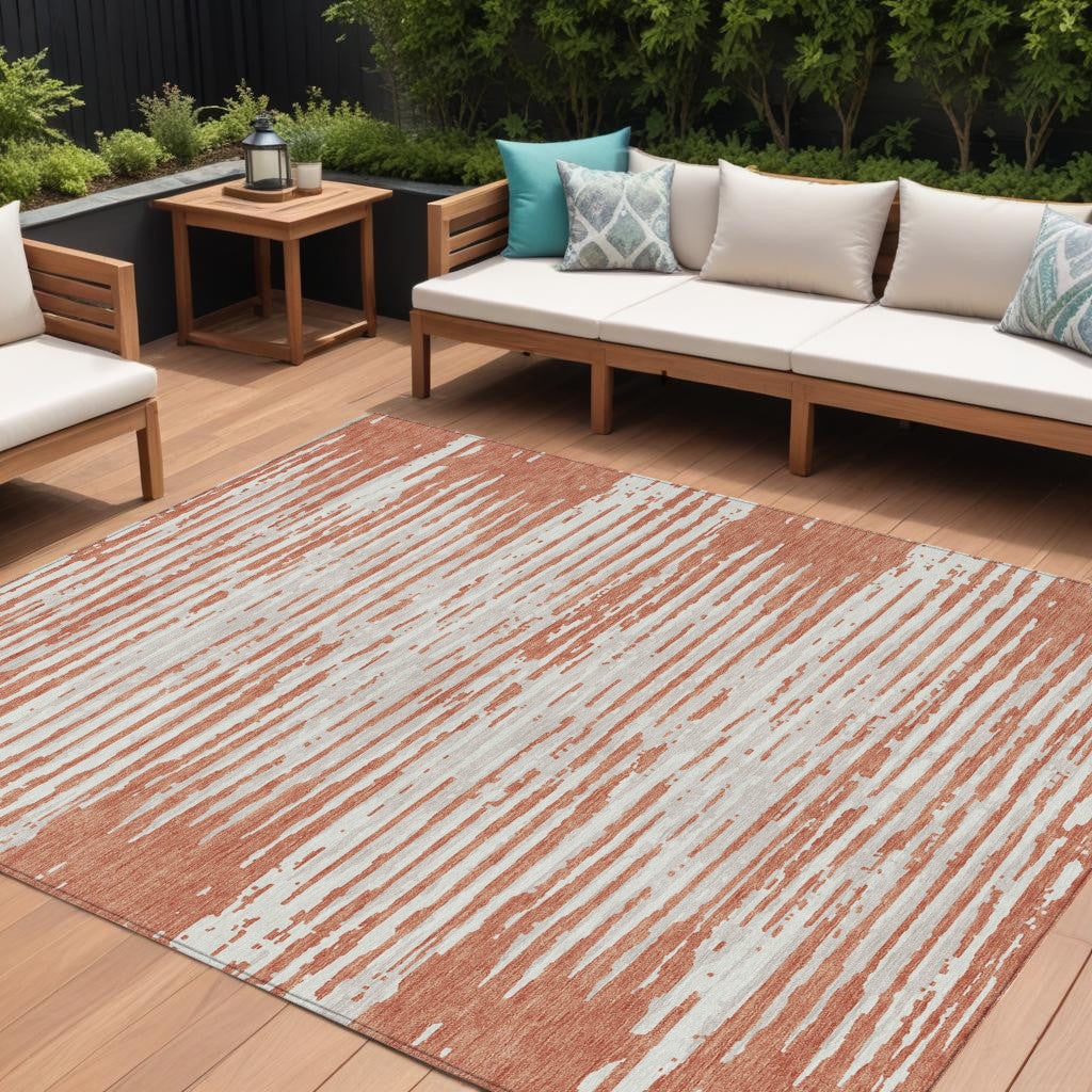 9' X 12' Coral And Ivory Striped Washable Indoor Outdoor Area Rug