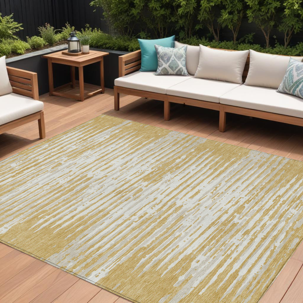 9' X 12' Gold Gray And Beige Striped Washable Indoor Outdoor Area Rug