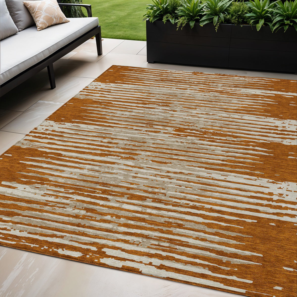 5' X 8' Brown Gray And Ivory Striped Washable Indoor Outdoor Area Rug