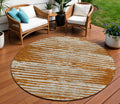 8' Brown Gray And Ivory Round Striped Washable Indoor Outdoor Area Rug