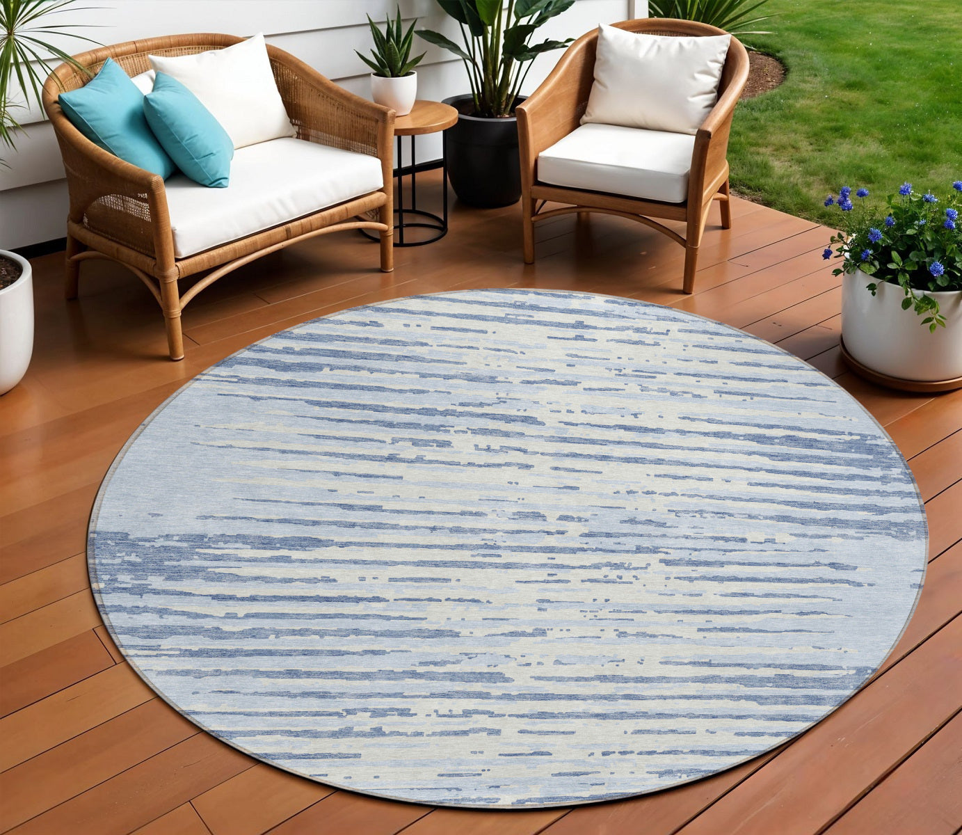 8' Sky Blue And Ivory Round Striped Washable Indoor Outdoor Area Rug