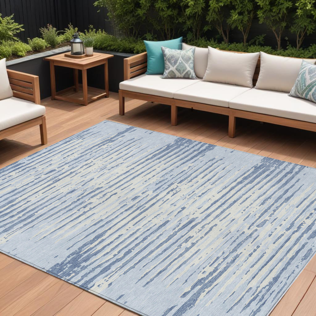 9' X 12' Sky Blue And Ivory Striped Washable Indoor Outdoor Area Rug