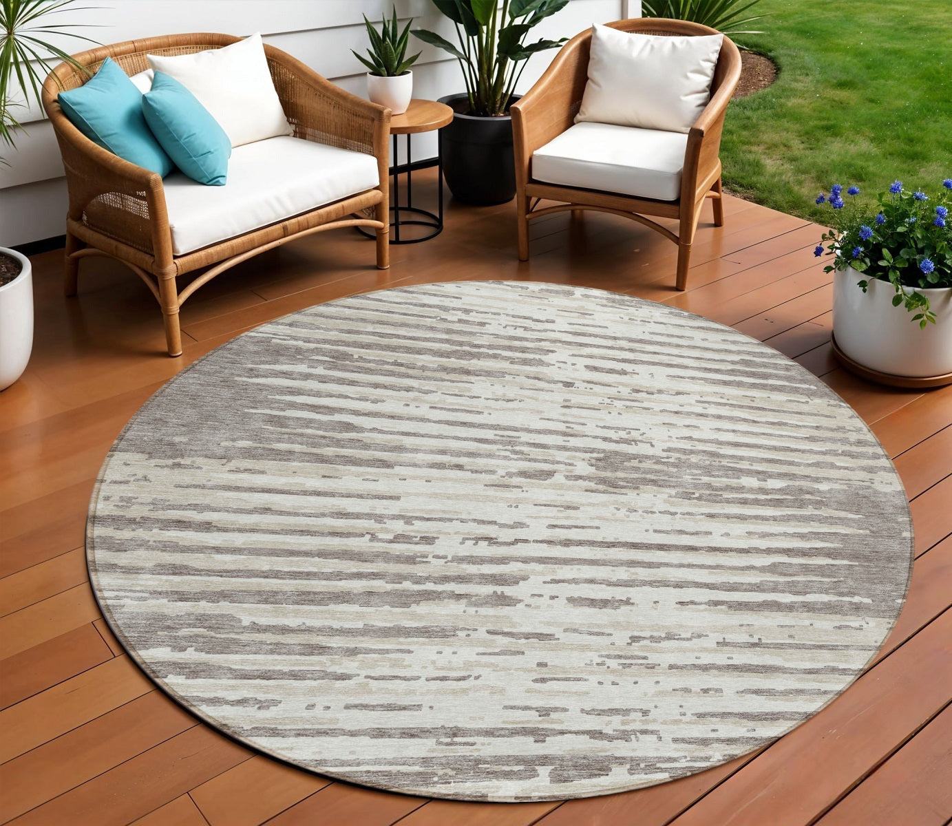 8' Taupe And Ivory Round Striped Washable Indoor Outdoor Area Rug