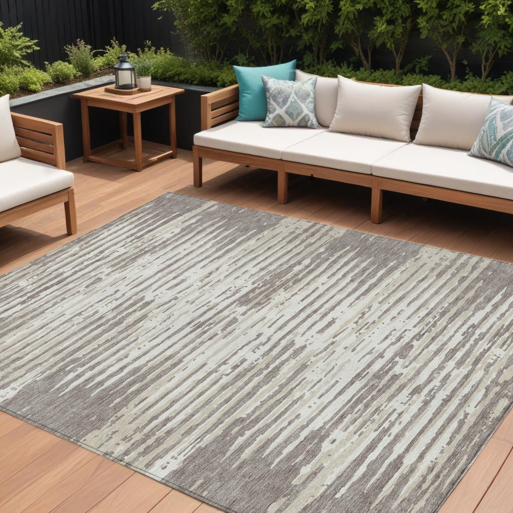 9' X 12' Taupe And Ivory Striped Washable Indoor Outdoor Area Rug