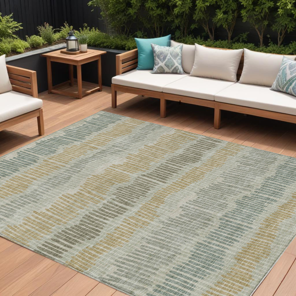 10' X 14' Beige Brown And Gray Striped Washable Indoor Outdoor Area Rug