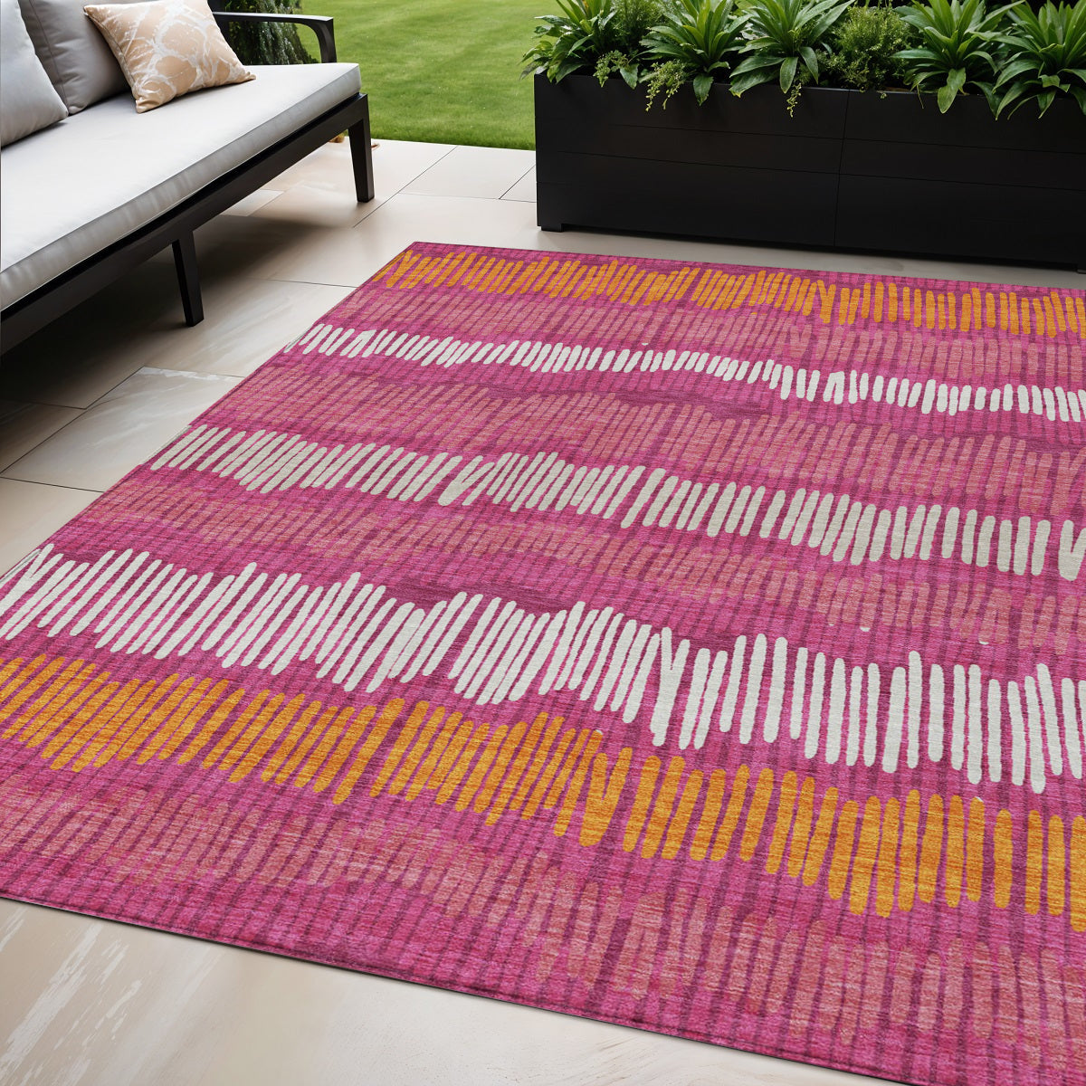 5' X 8' Blush Ivory And Brown Striped Washable Indoor Outdoor Area Rug